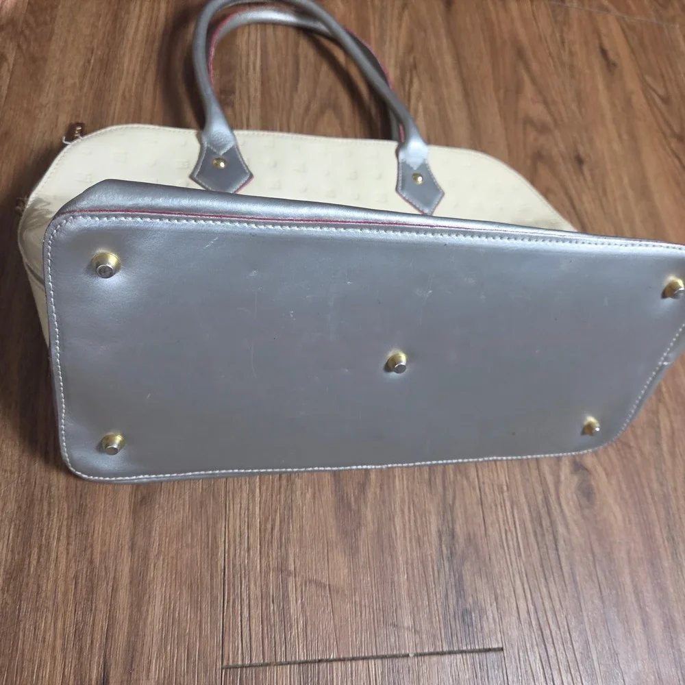 Arcadia Patent Leather Monogram All Over Embossed Satchel Handbag Cream Retro